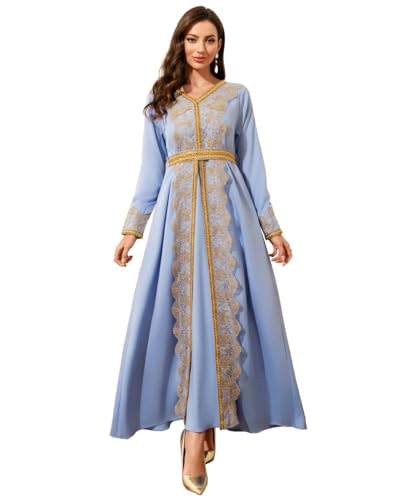 Image of Abaya for Women Floral Embroidered Muslim Dress V-Neck Arabian Maxi Robe