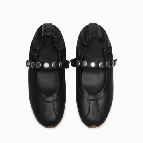 Women's Ballet Sliver Black Studded Ankle Strap Flat Shoes and Mary Jane Shoes Slip On Ankle Strap3