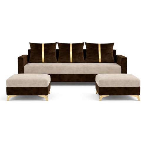 Image of Caviar Plush Comfort Sofa Set | 3 Seater with 2 Ottomans | Luxury Velvet Suede Fabric | Modern Living Room Sofa | Dark Brown - Cream