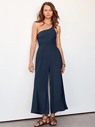 Logene Women's Summer One Shoulder Straps Pleated Sleeveless High Waist Casual Wide Leg Jumpsuits Romper With Pockets 5L02-Zangqing-M Navy Blue #TOP5