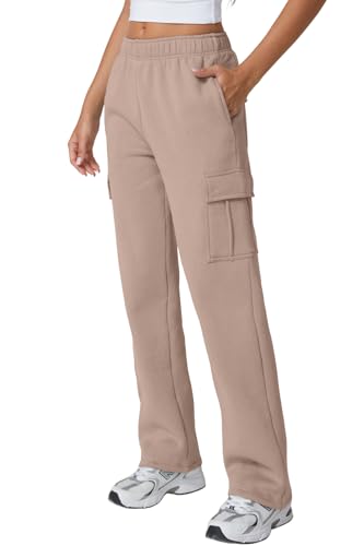 Image of QINSEN Baggy Medium Waist Elastic Sweatpants for Womens Casual Long Fleece Cargo Pants with Pockets