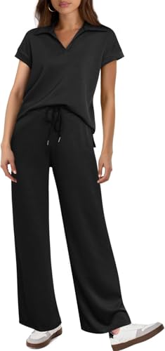 Meonsopoli 2 Piece, V Neck Short Sleeves Ventilated Wrinkle Resistant Sweatsuits Sets, Womens 2 Piece Summer Outfit