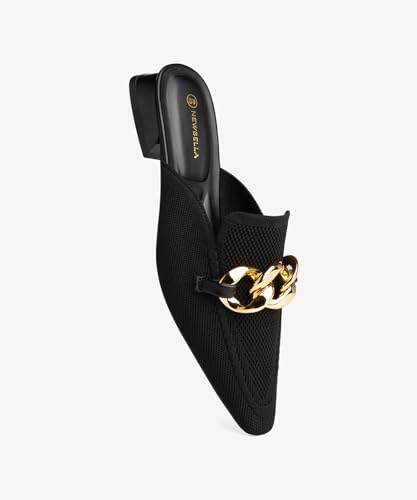 Image of NEWBELLA Women's Knit Pointed Toe Mule Slides, Chunky Gold Chain Decor, Low Block Heel, Slip On Loafer for Daily Office Wear