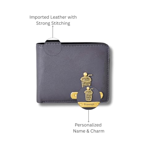 Image of Thebaegift Men's Personalized Wallet I Customized Slim Stylish Leather Purse with Name & Charm I Unique Birthday Anniversary Gift for Men Boy Love Husband Employees Clients (Grey IMP)