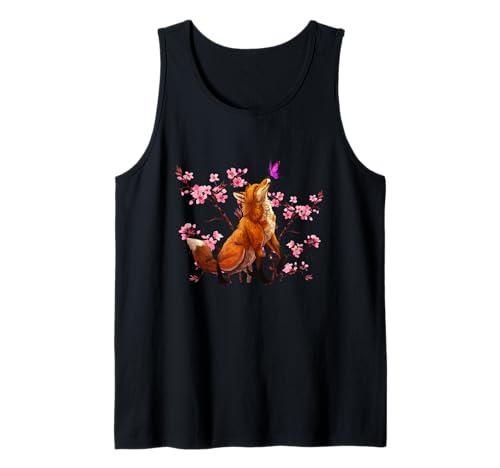 Japanese Fox Cherry Blossom Flower Sakura Tank Top