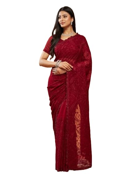 Womens Pure Georgette Chikankari Embroidered Saree