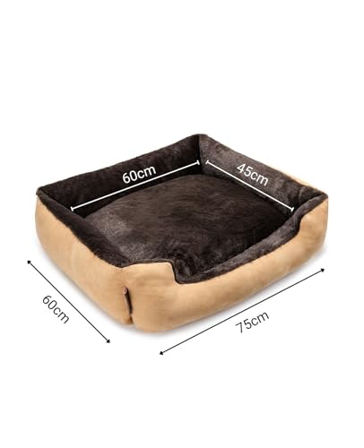 lionto Hundebett mit Wendekissen und Rutschfester Unterseite, Robustes Heimtierkissen mit tiefem Einstieg für Hunde und Katzen jeden Alters, 75x60 cm, kuscheliges Hundekissen, beige/braun