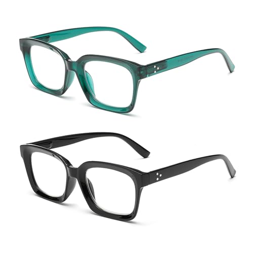 Hubeye Gafas de lectura cuadrados de montura grande para mujer y hombre bisagra de resorte Anteojos de lectura de gran tamaño anti luz azul (Negro+Verde, 2.00)