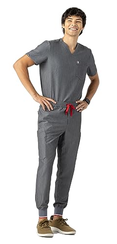 Mediclo Men's Medical Scrub Set - Crevan V-Neck Top and Kodiak 10 Pockets Jogger Pants Eco Friendly Sustainable FYSEL Fabric Workwear Heather Grey MT5001MB6003HGYR010 XL
