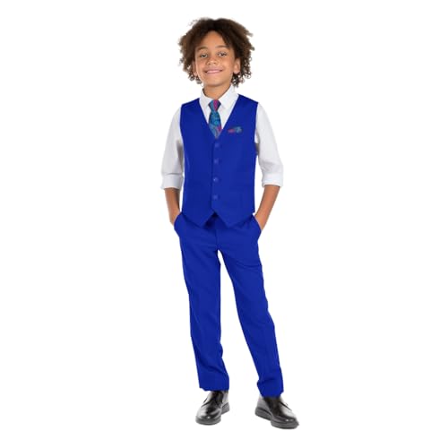 Boys' 6-Piece Formal Slim Fit Suit Set, Vest, Pants, Dress Shirt, Tie, Pocket Square, and Bow Tie