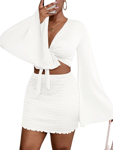 LYANER Women's 2 Piece Outfits Tie Knot Front Bell Long Sleeve Crop Top and Mini Skirt Set3