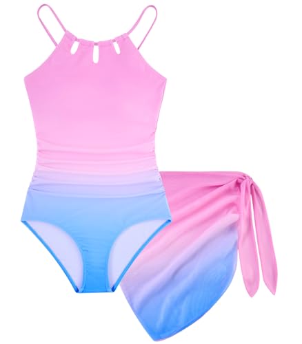 Image of Girls Swimsuit One-Piece Bathing Suit with Mesh Cover Ups Adjustable Straps Cut Out Swimwear Size 7-16