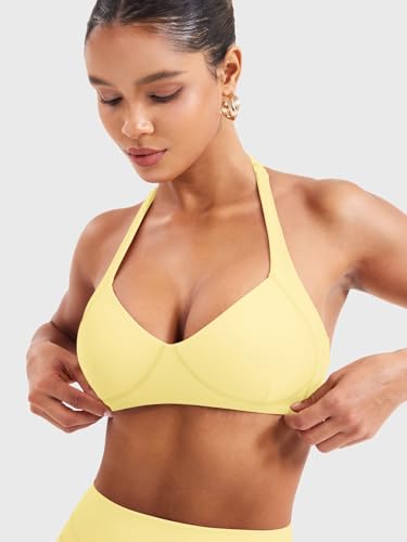 Image of YEOREO Women Halter Sports Bra Light Support V Neck Padded Strappy Open Back Workout Gym Tops