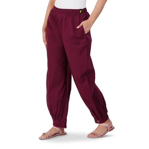 Image of Happy Bunny Women's Cotton Afghani Salwar with Lace Embroidery Detailing - Elastic Waist, Comfortable Loose Fit Bottoms for Casual, Ethnic