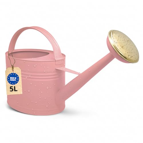 LIVLIG Gießkanne 5 Liter Blumengießkanne für Garten & Balkon Hochwertige Metallgießkanne 5L aus verzinktem Metall und Abnehmbarer Brause Gießkanne Retro mit Messingbrause Pink