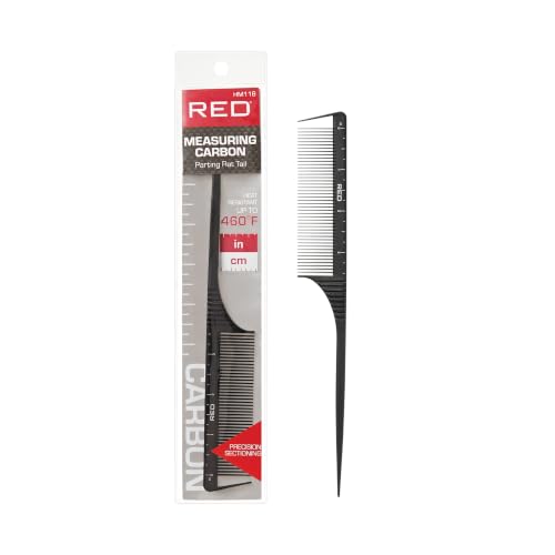 RED by Kiss Carbon Measuring Parting Rat Tail Comb, Heat-Resistant Sectioning Comb with Inch & Centimeter Markings for Braids, Locs & Precise Styling