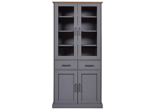 Inter Link Forenzo 4T2S - Vitrine - Armoire buffet - Armoire de salle à manger - Bois massif FSC - 4 portes - 2 tiroirs - 3 étagères - Gris/chêne Colori