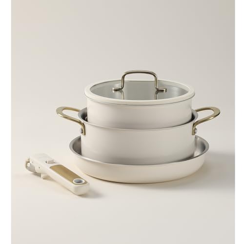 CAROTE 19pcs Tri-Ply Stainless Steel Cookware Set with Detachable Handle, Pots and Pans Set, Induction Kitchen Cooking Sets, RV/Camping Cookware, Outer Ceramic Layer, Oven Safe, Cream White