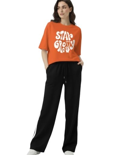 Image of EHA Women Co-ord Set for Girls | Stylish Two Piece Dress with Oversize Tshirt & High Waist Jogger|Trendy Cotton Blend Track Suit Set for Women | Casual /Travel & Lounge Wear Outfits