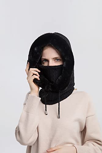 Akiiger ZI10771-BK Womens Winter Hats, Warm Hooded Scarf Hat For Women, Fleece Beanie Hats With Drawstring, Winter Balaclava Knit Skull Cap thumb #2