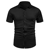 Casual Shirt Herren Temperament Mode Urban Knopfleiste Hemd Regular Fit Klassisch Trend Leinenhemd Leichte Komfortabel Atmungsaktiv Kurzarm J-Black L