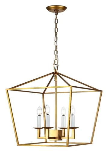 Suspension lanterne dorée avec 4 bougies, plafonnier style loft et ferme