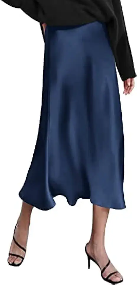 Saia midi feminina de cetim de cintura alta, elegante, com zíper, em seda, modelo slip, cor champanhe, tamanho P.