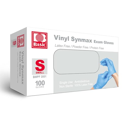 Basic Vinyl Exam Gloves, Powder Free,Latex Free, Non-Sterile for Cleaning, Food Service and All Purposes Disposable Gloves BMPF3001 Box of 100Pcs (Small, Blue)