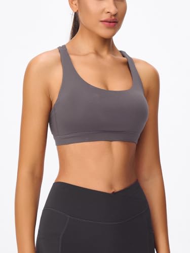 Image of Women's Strappy Sports Bras Light Compression Crop Criss Cross Back Padded Workout Yoga Bra Supportive U Neckline