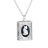 Unique Cat Locket Necklace for Women Men Book Shaped Photo Locket Hold Picture Pendant Necklace Engraved Flowers Souvenir Memorial Clavicle Memorial Jewelry for Animal Kitten Pet Lover (White)