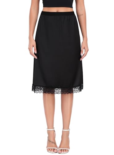 Lovasy Unterrock Damen Kurz Satin Spitzen Unterröcke für Damen Sommer Halbrock Petticoat Leichter Underskirt Unter Kleid,Schwarz,XXL