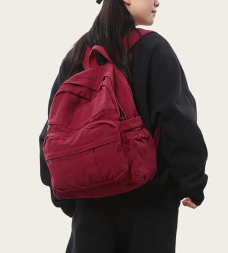 Image of Burgundy Red Canvas Backpack for Women Retro Aesthetic Rucksack Basic Backpack for High School /College Students Travel Laptop Bag