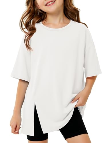 Arshiner Mädchen Kurzarm T-Shirt Weiß Sommer Basic T Shirts Kinder Weiches Oberteil Oversize Tshirt Casual Sport Tops Einfarbige Rundhalsausschnitt Tees für Mädchen 9-10 Jahre