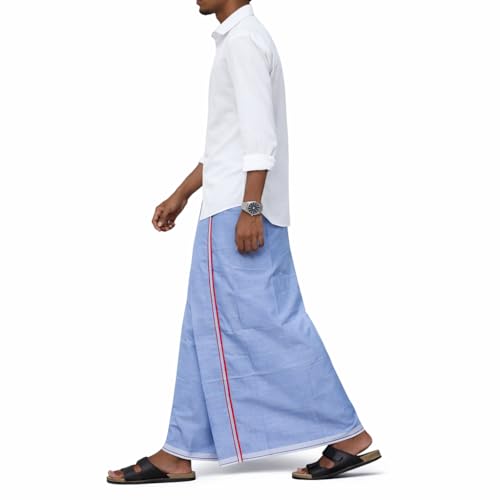 Image of Pure Cotton Dhoti for Men (1.28 x 1.87 m) | Solid Panchalu with Varied Small Color Border | Kerala Cotton Veshti, Khadi Dhoti | Lightweight Pooja & Temple Wear