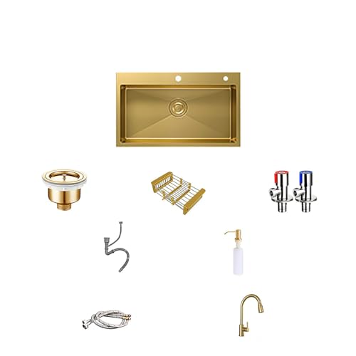 Fregadero de cocina moderno de acero inoxidable dorado, fregadero de cocina incorporado/fregadero de barra, fregadero de cocina de un solo tazón con grifo extraíble de agua caliente y fría, fregadero