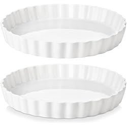 LOVECASA Porcelain Pie Pan Quiche Baking Dish,10 Inch Non-Stick Round Pie Dish Quiche Pan,Tart Pan with Ruffled Edge,Pie Plate for Apple, Quiche, Pot Pies, Tart,Set of 2, White