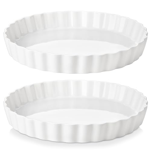 LOVECASA Porcelain Pie Pan Quiche Baking Dish,10 Inch Non-Stick Round Pie Dish Quiche Pan,Tart Pan with Ruffled Edge,Pie Plate for Apple, Quiche, Pot Pies, Tart,Set of 2, White