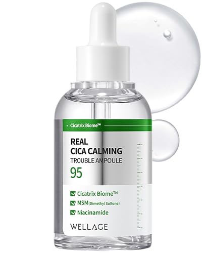 WELLAGE Real Cica Calming Trouble Ampoule - Korean Skincare Soothing Serum, Madecassoside Centella Asiatica Panthenol Niacinamide, Relief Redness, Sebum Control, Improves Blemishes, 1.69 fl.oz.