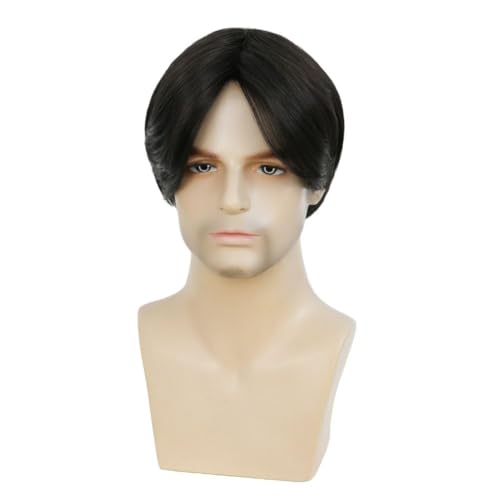 Image of Swiking Mens Black Short Wigs Middle Part Layered Fluffy Natural Synthetic Male Hair Wig Daily Halloween Wig(Black)