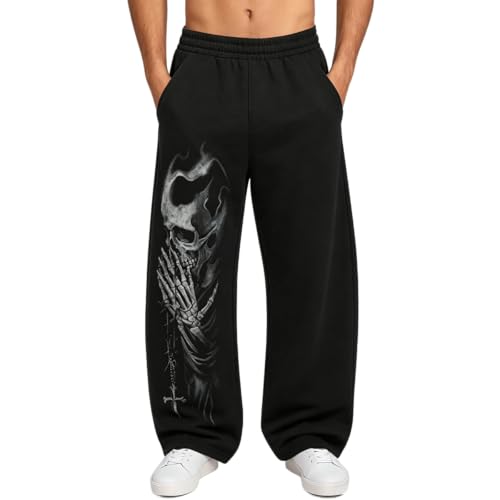 Piuntersite Men's Skull Print Sweatpants Relaxed Fit Punk Gothic Joggers Streetwear Hip Hop Lounge Track Pants with Pockets Black XL