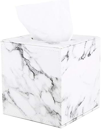 VoiceFly Leather Square Roll Tissue Box Holder, Stylish Napkin Holder Pumping Paper Case Dispenser, Facial Tissue Box Cover for Home Office Car Decoration, White Marble