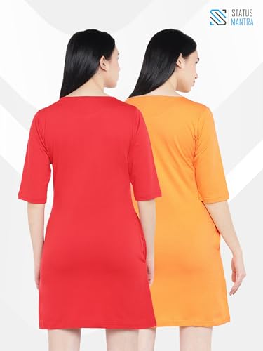 Image of STATUS MANTRA Long T-Shirt Dress for Women - Cotton Knee Length T Shirt Top | 3 /4th Sleeves, Soft Bio-Washed Fabric | Stylish Regular Fit Crew Neck