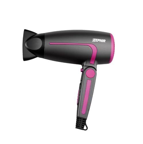 Zephir, Asciugacapelli, Potenza 1600W, 2 velocità, Colpo di Freddo, Concentratore e Diffusore inclusi, Colore Nero/Rosa