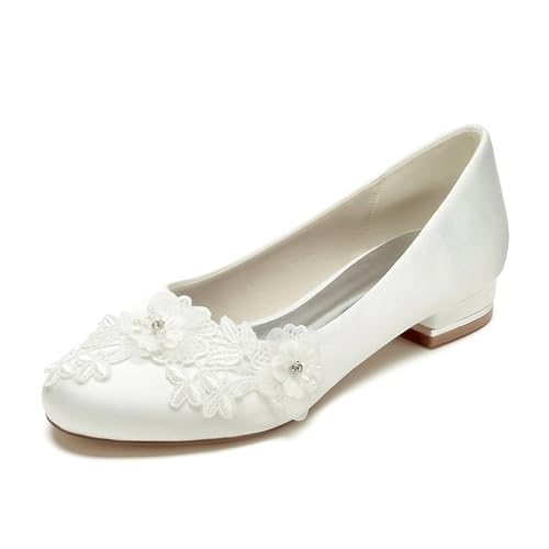 Ballerines Blanches Mariage Dentelle Bout Fermé Cuir Talons Bas Chaussures Dolly
