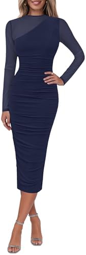 Lazysmile Long Sleeve Mesh Dresses for Women Mock Neck Ruched Bod...