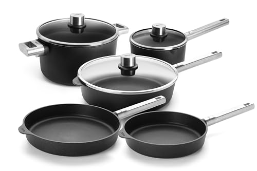 Woll ECO LOGIC PRO 8-Pc Cookware Set: 9.5 & 11 fry pans 11 saut pan 7 saucepan 9.5 stockpot + 3 lids. Made in Germany Cast aluminum Stainless Steel Handles PFAS-free Diamond QXR nonstick.