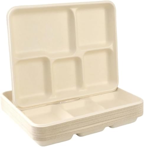 kxptso 50 個または 100 個セットの使い捨て食器!5 つ仕切りの生分解性サトウキビ紙皿。店内食用に適し。環境に優しい (ほんしょく,50個)