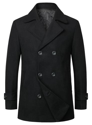 Image of HOOD CREW Men’s Classic Double Breasted Wool Blend Pea Coat Notched Lapel Trench Coat Casual Overcoat Black XL