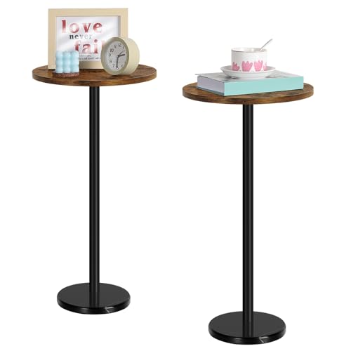 Round Side Table Set of 2 Small Drink Pedestal Accent End Coffee Cocktail Table with Marble Base for Small Spaces Living Room Sofa Outdoor Brown and Black