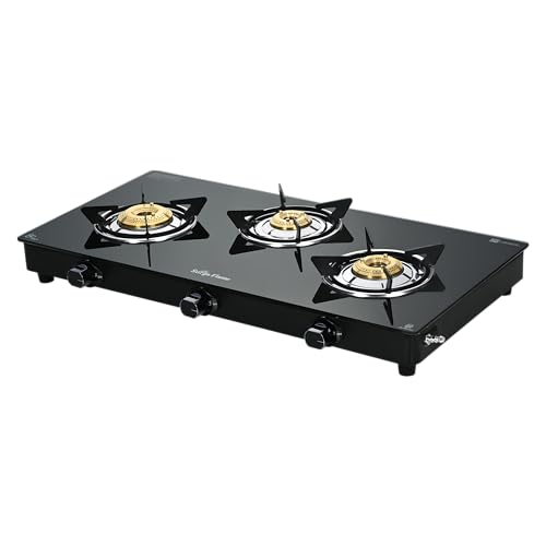 Image of Surya Flame Maestro 3-Burner Gas Stove, Toughened Glass Top, 1 Jumbo Burner + 2 Tri-Pin Brass Burners, Manual Ignition, Black